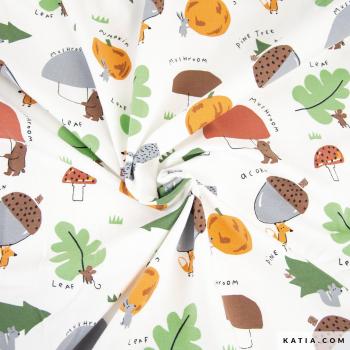 Baumwolljersey mit Waldtierchen und Waldmotiven auf Ecru
